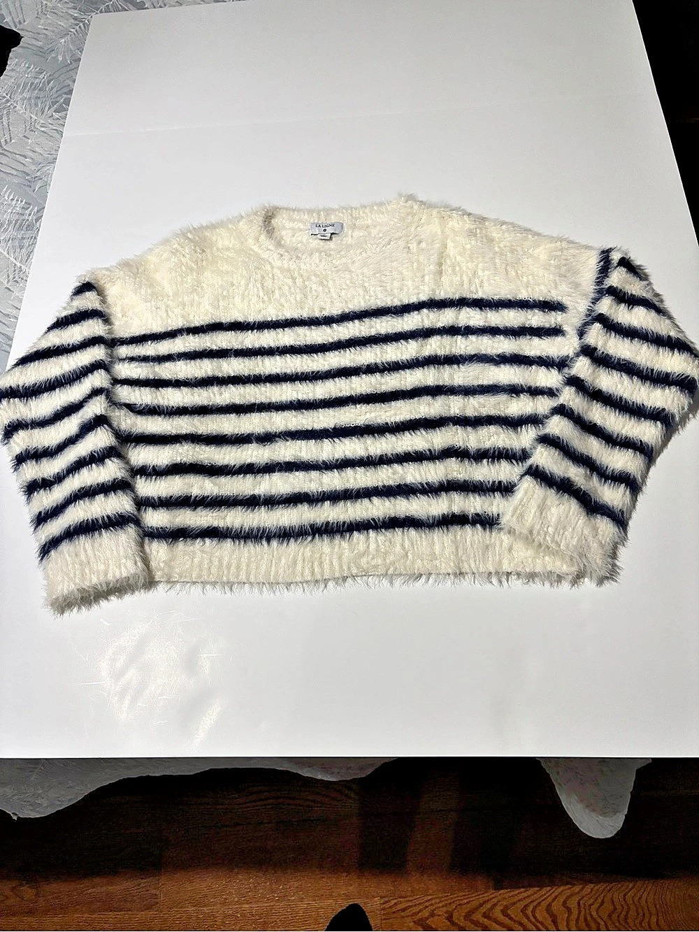La Ligne x Target Fuzzy Striped Crewneck Sweater Cream Navy - Medium